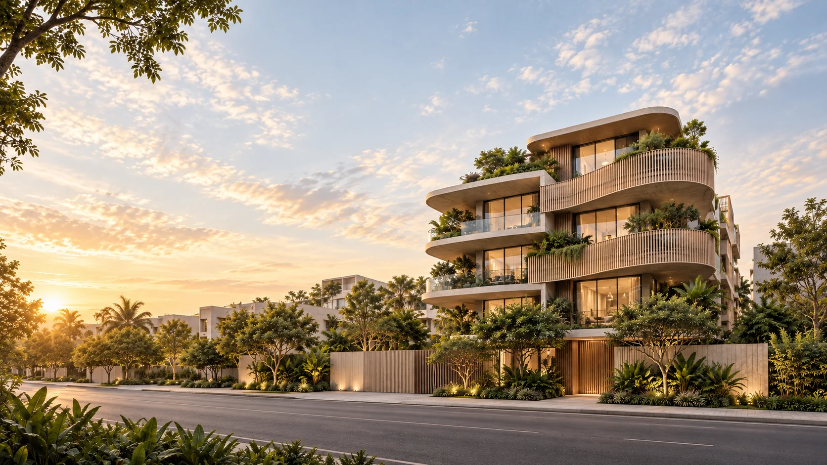 Wide view of a contemporary apartment building with curved concrete balconies and lush planting at sunset